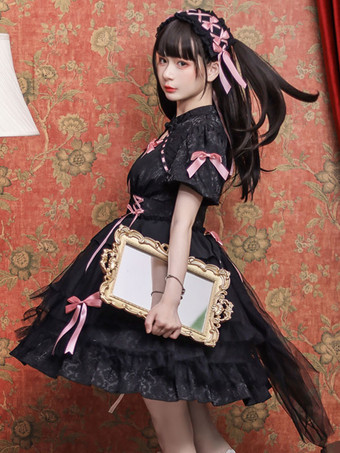 ロリータドレス スウィートポリエステル リボン フリル半袖ドレス