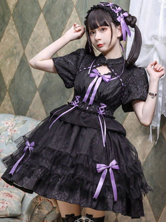パープル ロリータドレス スウィートポリエステル リボン フリル半袖ドレス