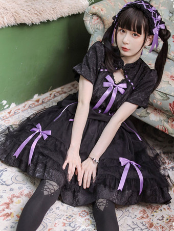 ロリータドレス スウィートポリエステル リボン フリル半袖ドレス