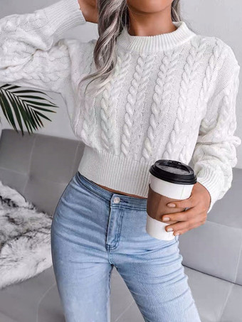 ホワイト 女性プルオーバーセーターベビーブルージュエルネックロングスリーブコットンセーター