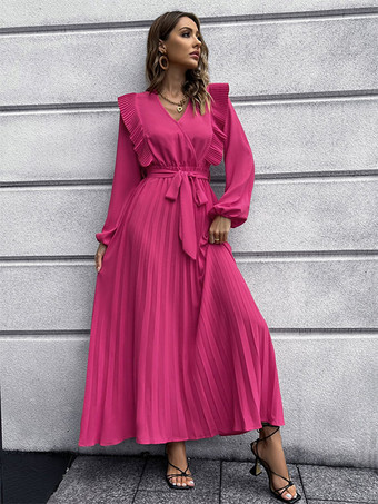 Макси-платье V-образным вырезом с длинными рукавами Длинное платье из полиэстера