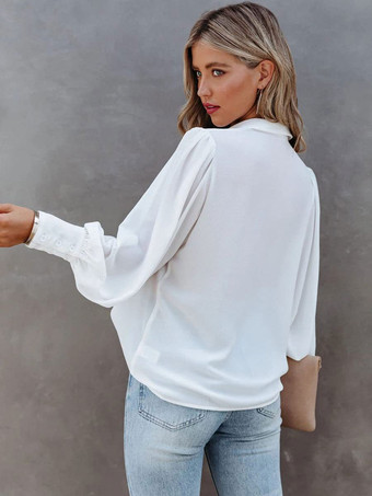 女性用ブラウス ホワイト ポリエステル Vネック カジュアル 長袖 トップス