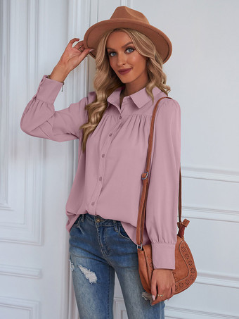 ピンク女性用ブラウス ホワイト ポリエステル Vネック カジュアル 長袖 トップス