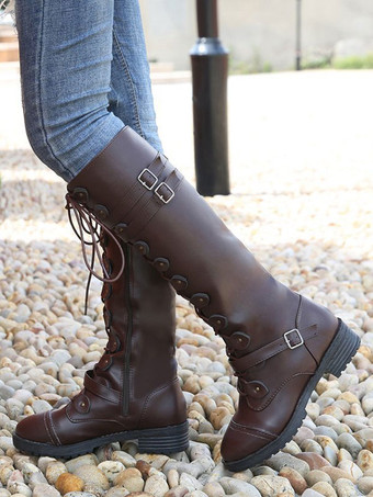 ブラウン 女性のシックなバックル分厚いヒールニーハイブーツ