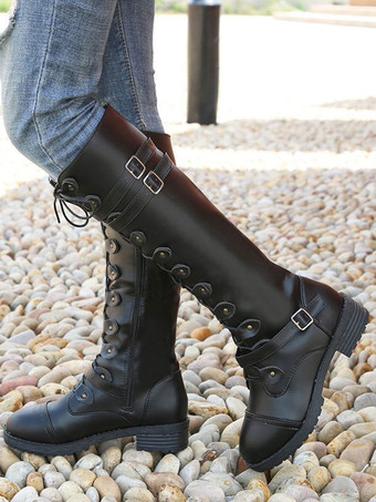 ブラック 女性のシックなバックル分厚いヒールニーハイブーツ