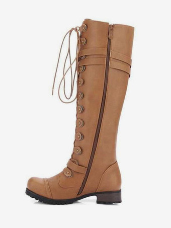 イエロー女性のシックなバックル分厚いヒールニーハイブーツ