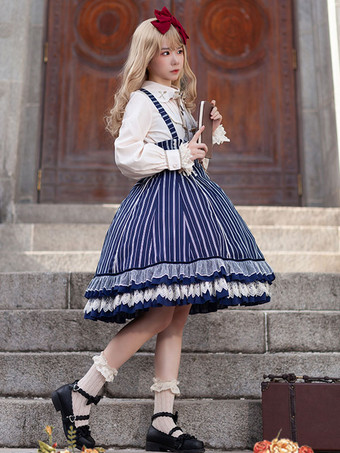 クラシカルロリータドレス コットン リボン ノースリーブ ロリータドレス ストライプ ライトスカイブルー