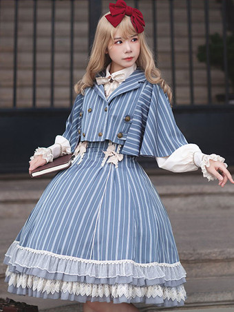 クラシカルロリータドレス コットン リボン ノースリーブ ロリータドレス ストライプ ライトスカイブルー