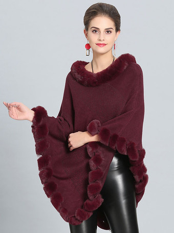 Burgundy Poncho Fur Hem Cape Spring Outerwear For Women