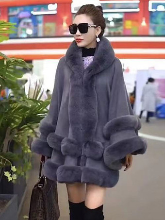グレイレディース ポンチョ コート オーバーサイズ フェイクファー ケープ 冬 アウター