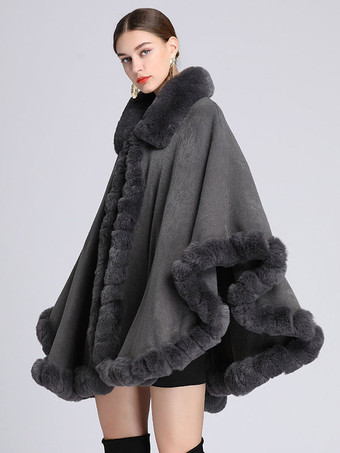ダークグレー レディース ポンチョ コート フェイクファー ケープ 冬 アウター ワインレッド