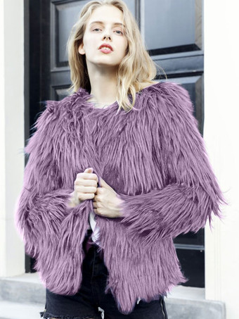 パープル フェイクファーコート 冬 ショート エコフレンドリー ファーコート レディース 2025