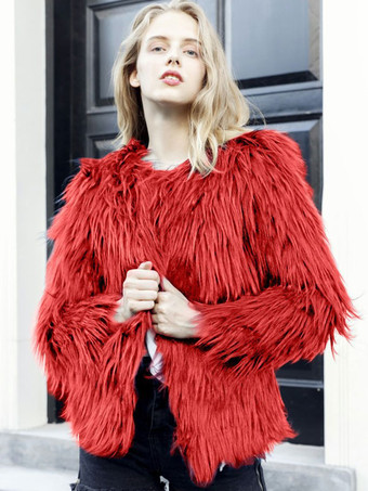 レッド フェイクファーコート 冬 ショート エコフレンドリー ファーコート レディース 2025