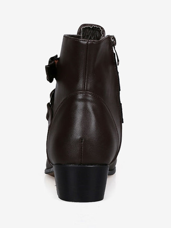 メンズレザーポインテッドトゥチェルシーブーツ、バックルストラップサイドジッパーチャンキーローヒールウエスタンフォーマルドレスブーツアンクルブーツ