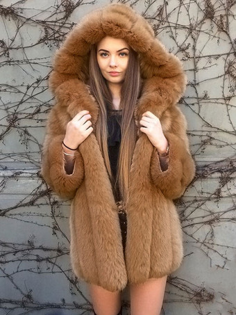 Faux Fur Coat Hooded Winter 2024 Midi Outerwear For Women