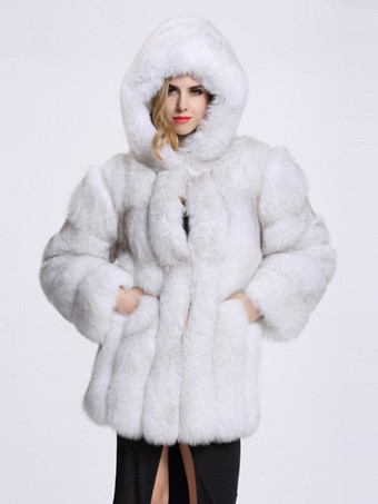アイボリー 豪華なフェイクファーコート フード付き 冬用 環境に優しいファーミディジャケット 女性用 2025