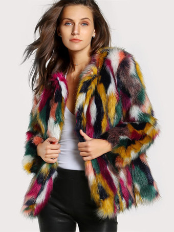 Abrigo de piel sintética de felpa Prendas de abrigo de invierno con bloques de color para mujer