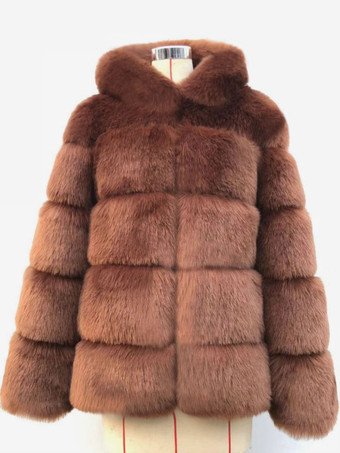 ブラウン フード付きフェイクファーコート 冬 ショート エコフレンドリー ファージャケット レディース 2025