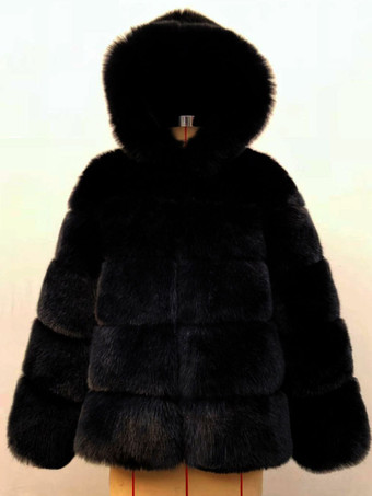 ブラック フード付きフェイクファーコート 冬 ショート エコフレンドリー ファージャケット レディース 2025