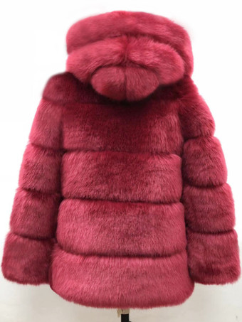 ワインレッド フード付きフェイクファーコート 冬 ショート エコフレンドリー ファージャケット レディース 2025