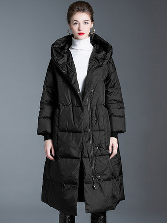 Black Down Coat Hooded Long Puffer Winter Outerwear For Women