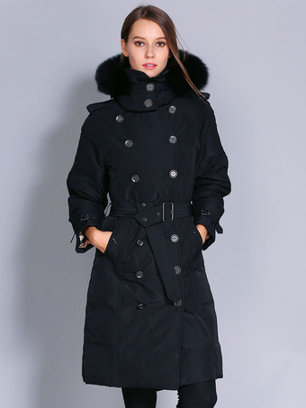 ブラック フード付きダウンコート ダブルブレスト ベルト付き 冬用アウターウェア 女性用