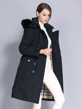 フード付きダウンコート ダブルブレスト ベルト付き 冬用アウターウェア 女性用