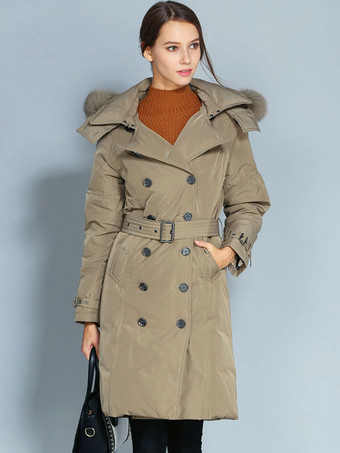 フード付きダウンコート ダブルブレスト ベルト付き 冬用アウターウェア 女性用