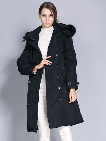 フード付きダウンコート ダブルブレスト ベルト付き 冬用アウターウェア 女性用