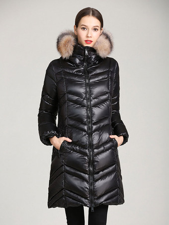 ダウンコート ブラック フード付き フグ ファー 襟 冬 アウターウェア 女性用