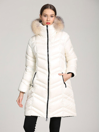 ホワイト ダウンコート ブラック フード付き フグ ファー 襟 冬 アウターウェア 女性用