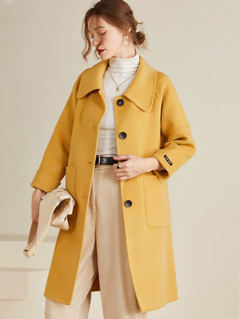 Manteau en laine jaune à col rabattu coupe droite à simple boutonnage manteau mi-long confortable d'hiver pour femme 2025