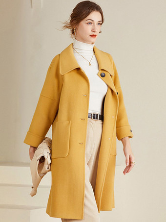 Manteau en laine jaune à col rabattu coupe droite à simple boutonnage manteau mi-long confortable d'hiver pour femme 2025