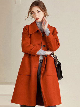 rouge Manteau en laine jaune à col rabattu coupe droite à simple boutonnage manteau mi-long confortable d'hiver pour femme 2025