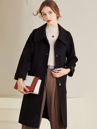 noir Manteau en laine jaune à col rabattu coupe droite à simple boutonnage manteau mi-long confortable d'hiver pour femme 2025