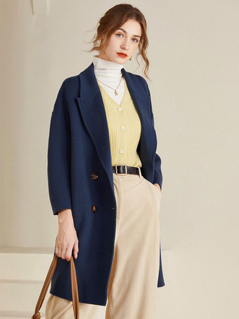 ダークネイビーウールコクーンコート レディース クラシックラペル ダブルブレスト 着心地良い冬用ミディ丈アウター 2025