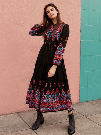 Boho-Kleid mit V-Ausschnitt  langen Ärmeln  schwarz  bestickt  böhmischer Zigeuner-Strandurlaub  Frühling  Sommer  langes Kleid für Frauen