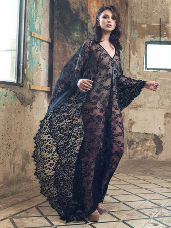 ブラック ホワイト カバーアップ レース Vネック ブライダル ナイトガウン ビーチ バケーション ボヘミアン ロングドレス 女性用