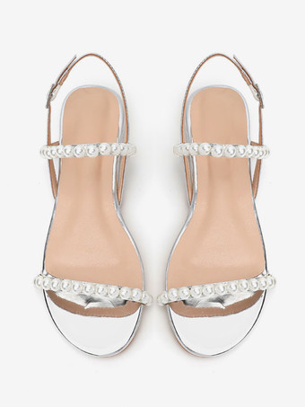 女性の結婚式の靴 PU レザー シルバー オープントゥ パール フラット ブライダル シューズ