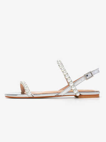 女性の結婚式の靴 PU レザー シルバー オープントゥ パール フラット ブライダル シューズ