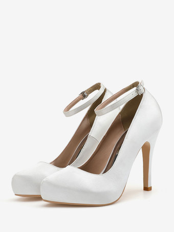 ホワイト 女性のブライダル シューズ サテン シルバー ラウンド トゥ ゴブレット ヒール ブライダル シューズ