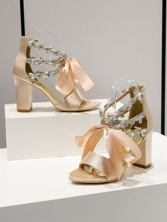 女性用ブライダルシューズ サテン ライトスカイブルー オープントゥ ラインストーン チャンキーヒール ブライダルシューズ