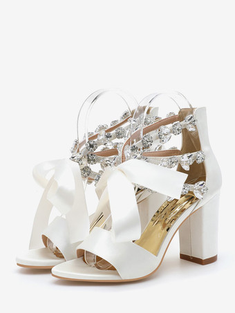 ホワイト 女性用ブライダルシューズ サテン ライトスカイブルー オープントゥ ラインストーン チャンキーヒール ブライダルシューズ