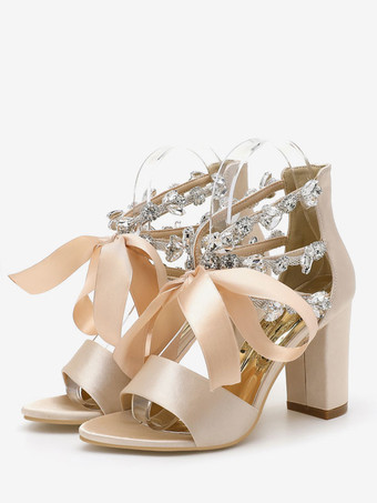 アプリコット女性用ブライダルシューズ サテン ライトスカイブルー オープントゥ ラインストーン チャンキーヒール ブライダルシューズ