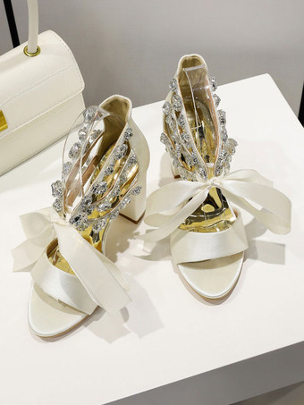 女性用ブライダルシューズ サテン ライトスカイブルー オープントゥ ラインストーン チャンキーヒール ブライダルシューズ