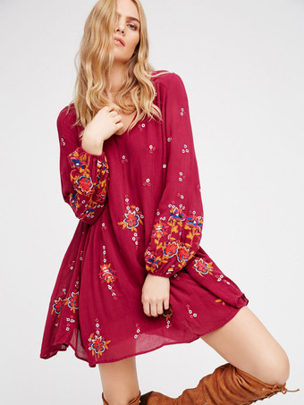 Boho Kleid Jewel Neck Long Sleeves Besticktes Bohemian Gypsy Beach Vacation White Spring Summer Short Shift Dress für Frauen