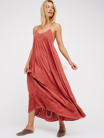 Boho Dress Straps Neck Sleeveless Coral Bohemian Gypsy Beach Vacation Summer Long Slip Dress For Women