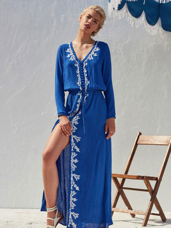 Boho Dress Light Sky Blue V-Neck Long Sleeves High Split Embroidered Bohemian Gypsy Beach Vacation Spring Summer Long Dress For Women