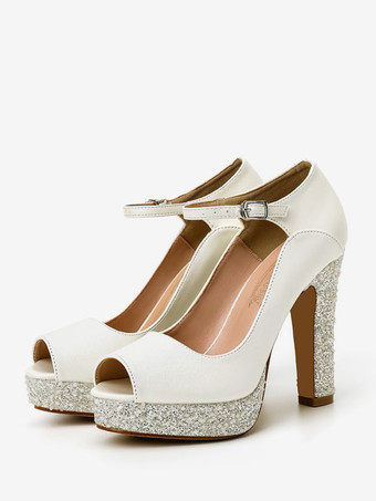 Women's Bridal Shoes PU Leather Ecru White Peep Toe Pearls Bridal Shoes