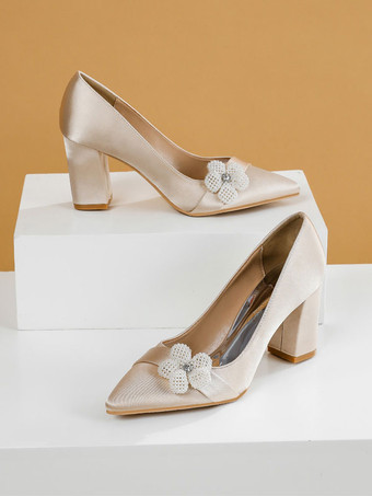 女性用ウェディングシューズ サテン ホワイト ポインテッドトゥ パール チャンキーヒール ブライダルシューズ